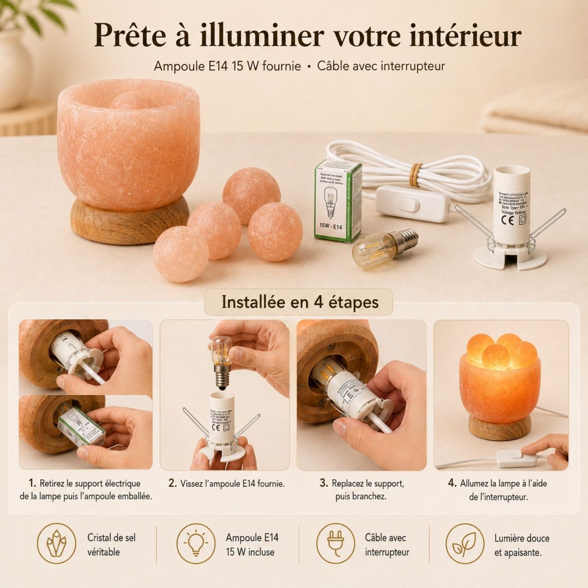 Himalayan Salt Crystal Lamp – 4 massage balls 2Kg – Natural Material – Gift and Decoration Idea