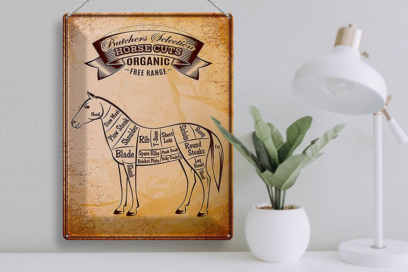 Tin sign butcher shop 30x40cm horse Horse cuts Organic