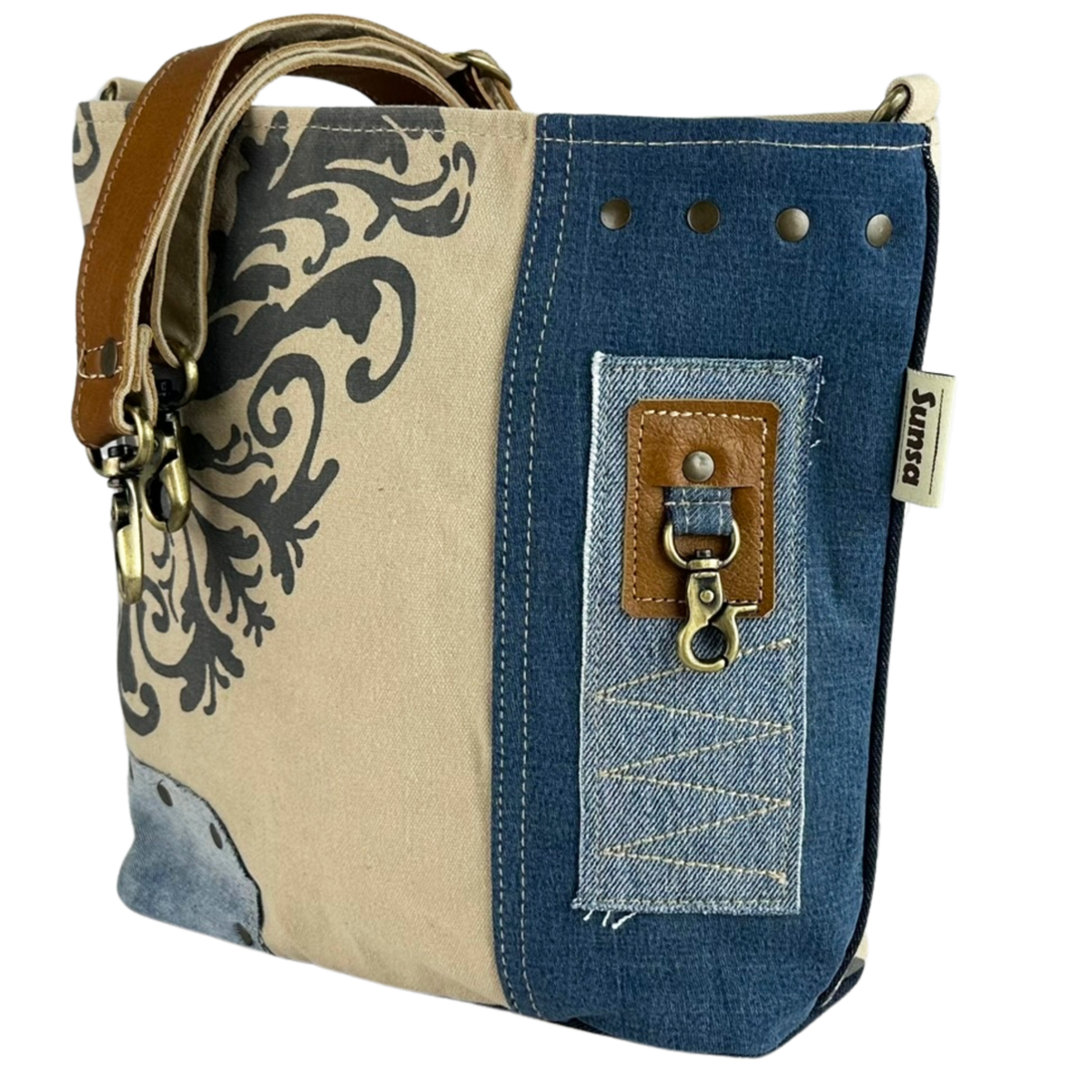 Sunsa dames schoudertas. Schoudertas gemaakt van upcycled jeans en canvas. Handtas vintage retro-stijl. Crossbodytas voor dames met print