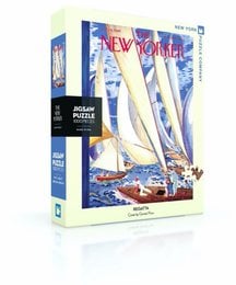 Colorful jigsaw puzzle depicting a regatta scene with sailboats on the water, as featured on the cover of The New Yorker magazine. The puzzle contains 1000 pieces and is designed by the New York Puzzle Company.