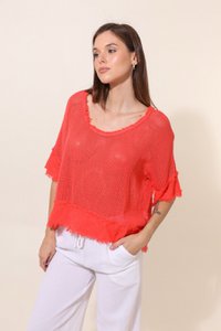 Durchbrochene Baumwollbluse und Leinenunterteil REF. 11932