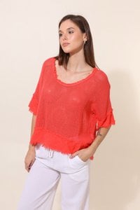 Durchbrochene Baumwollbluse und Leinenunterteil REF. 11932