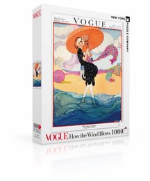 A 1000-piece puzzle featuring a vintage Vogue magazine cover illustration of a woman with an orange parasol standing in a colorful, whimsical landscape.