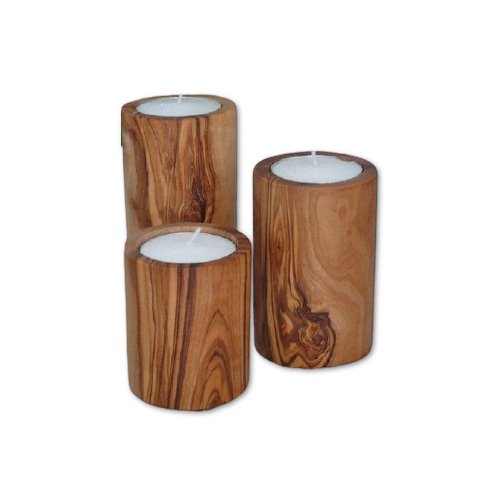 Juego de 3 portavelas de madera de olivo