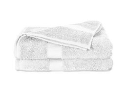 A set of 100% cotton towels in white color. The towels come in three different sizes: 70 x 140 cm, 60 x 110 cm, and 50 x 100 cm.