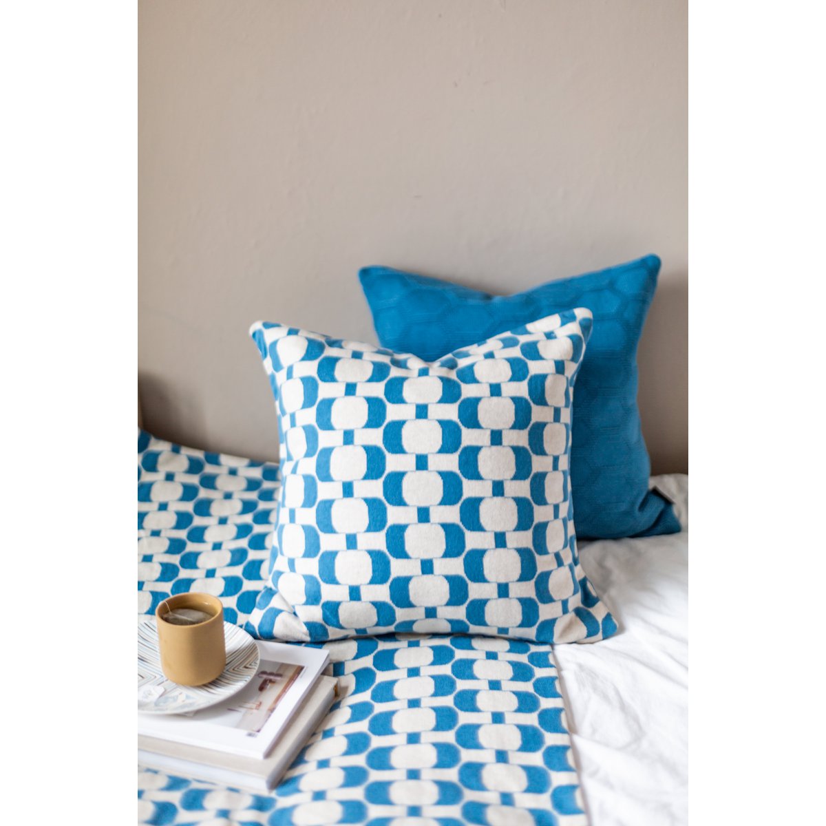 Edith Pillow-Cover Blue, Soft Jacquard Knitted Cotton