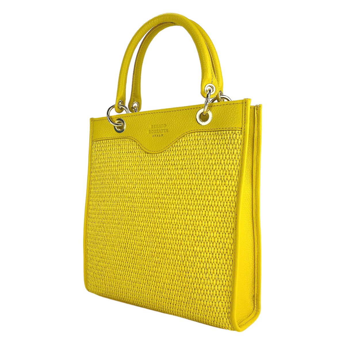 RB1026R | Verticale dameshandtas van echt leer en stro, gemaakt in Italië. Afneembare en verstelbare lederen schouderband. Accessoires van gepolijst goud - gele kleur - afmetingen: 24 x 29 x 9 cm