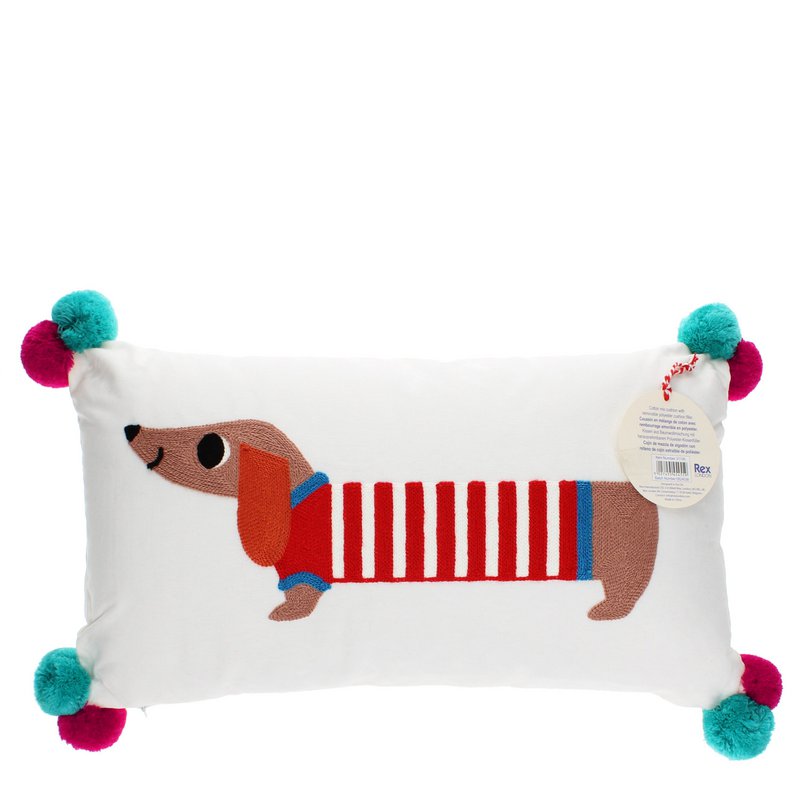 Stickter Kissen mit Pom Poms - Wursthund