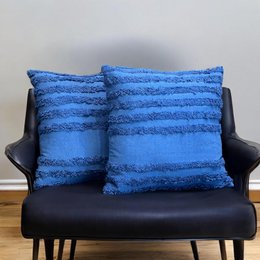 Blue tufted bohemian cushion cover, 16x16 inch, textured striped pattern, soft fabric pillow.