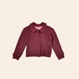 A burgundy-colored girl's cardigan with a collar, suitable for babies and young children. The cardigan features a classic style and is made of high-quality materials.