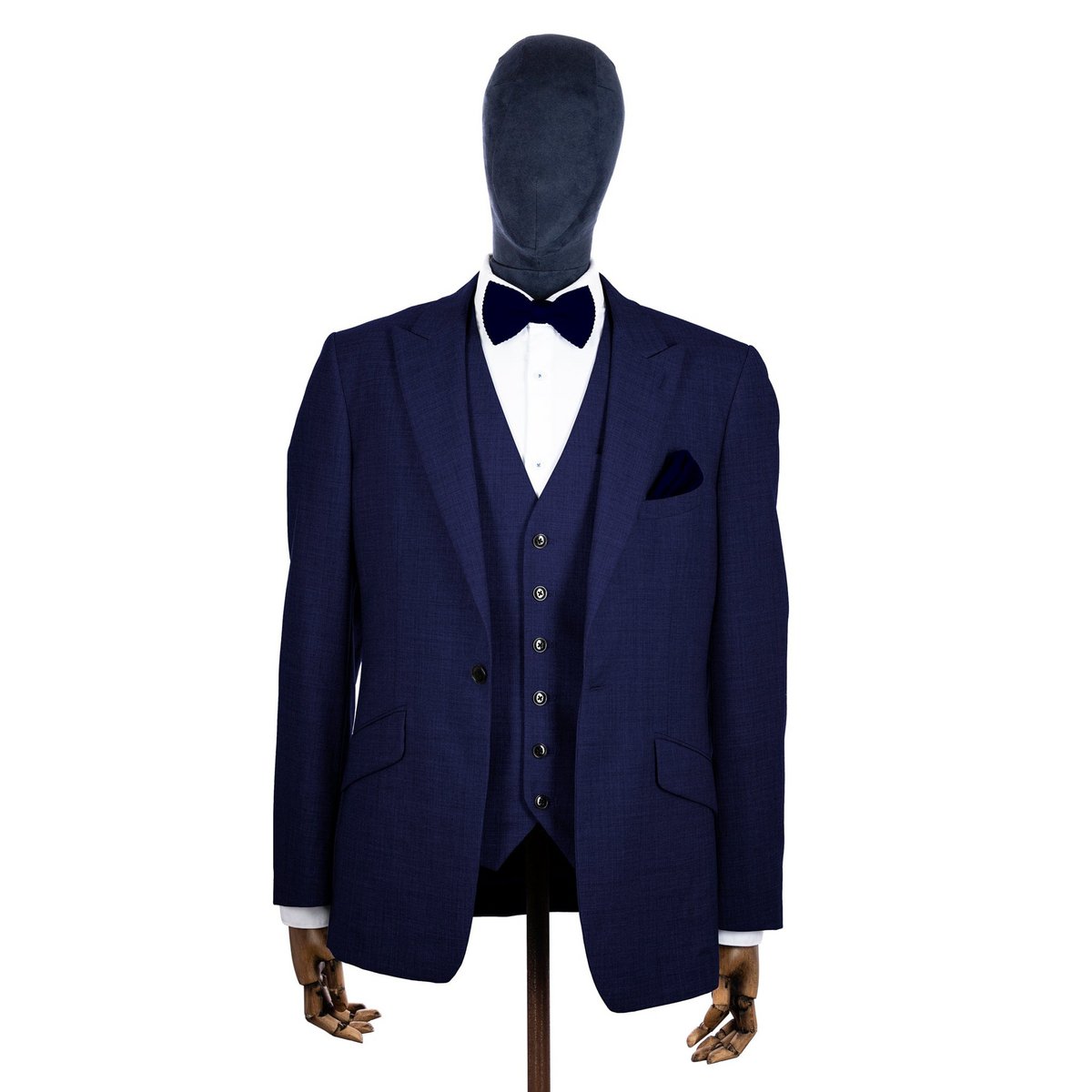 Navy blue knitted bow tie and pocket square set