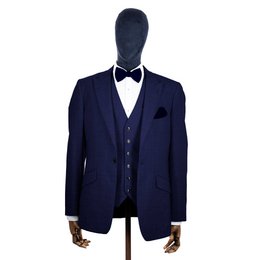 Navy blue knitted bow tie and pocket square set