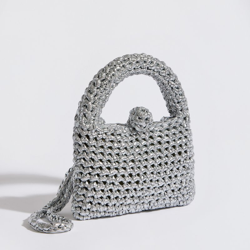 “Kalliopi metallics” crochet handbag with extra crossbody strap silver