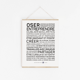 Poster with text in French describing entrepreneurial concepts such as "create", "share", and "work". The poster has a minimalist black and white design.