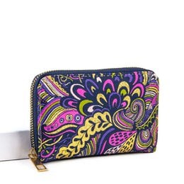  Colorful boho-style wallet with vibrant floral and paisley pattern, made of durable material, measures 14.5x8.5x2.5cm, suitable for storing coins, cards, and cash.