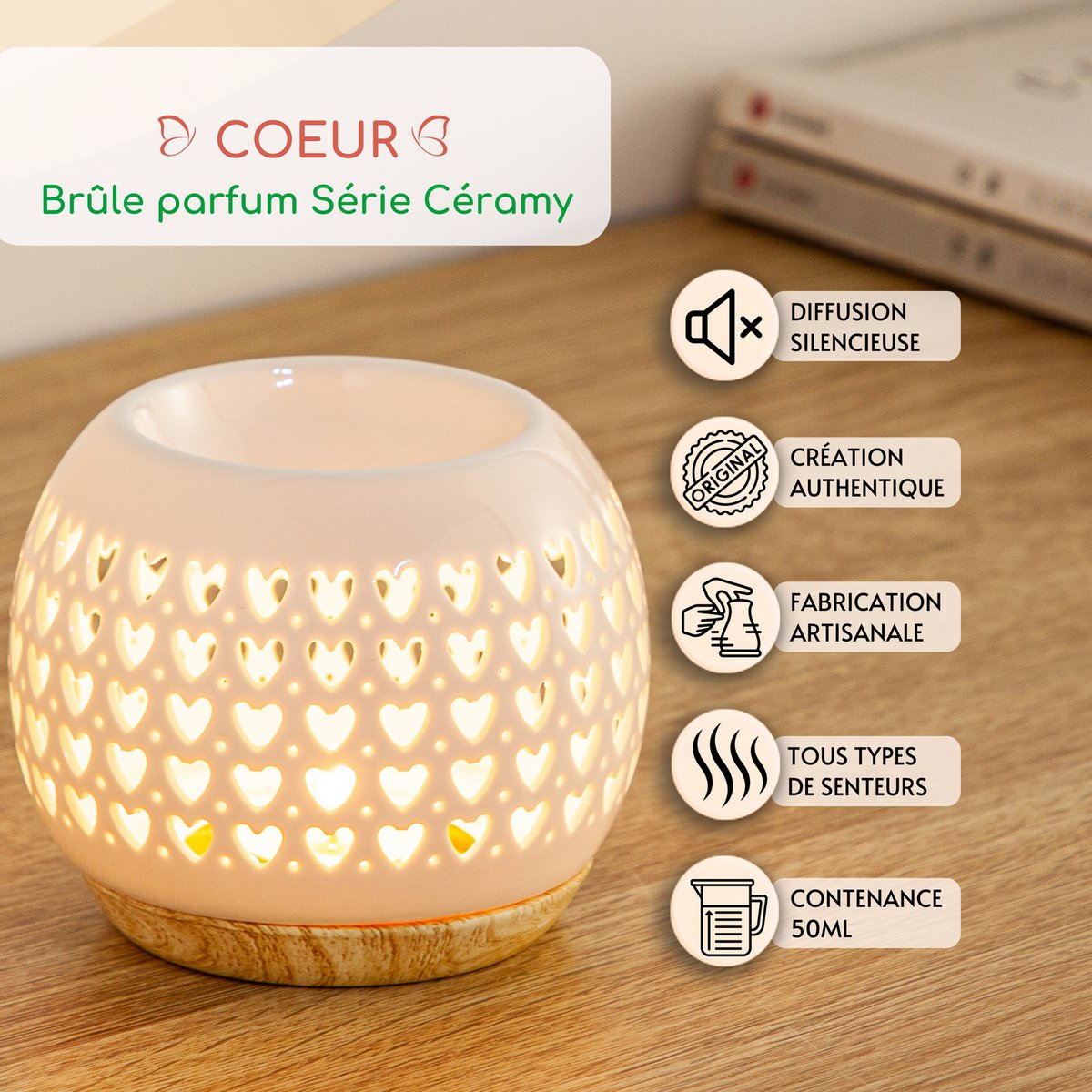 Brûle Parfum Céramy Coeur – Bougeoir en Céramique Laquée – Diffusion Cires Parfumées, Huiles Essentielles – Idée Cadeau Déco