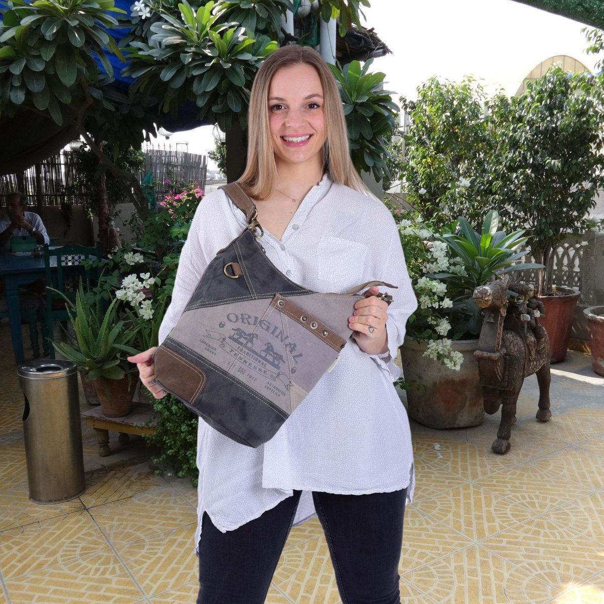 Sunsa dames schoudertas. Handtas gemaakt van canvas (canvas) & leer. Schoudertas in vintage stijl. Grote crossbody tas voor dames met paardenmotief grijs zwart