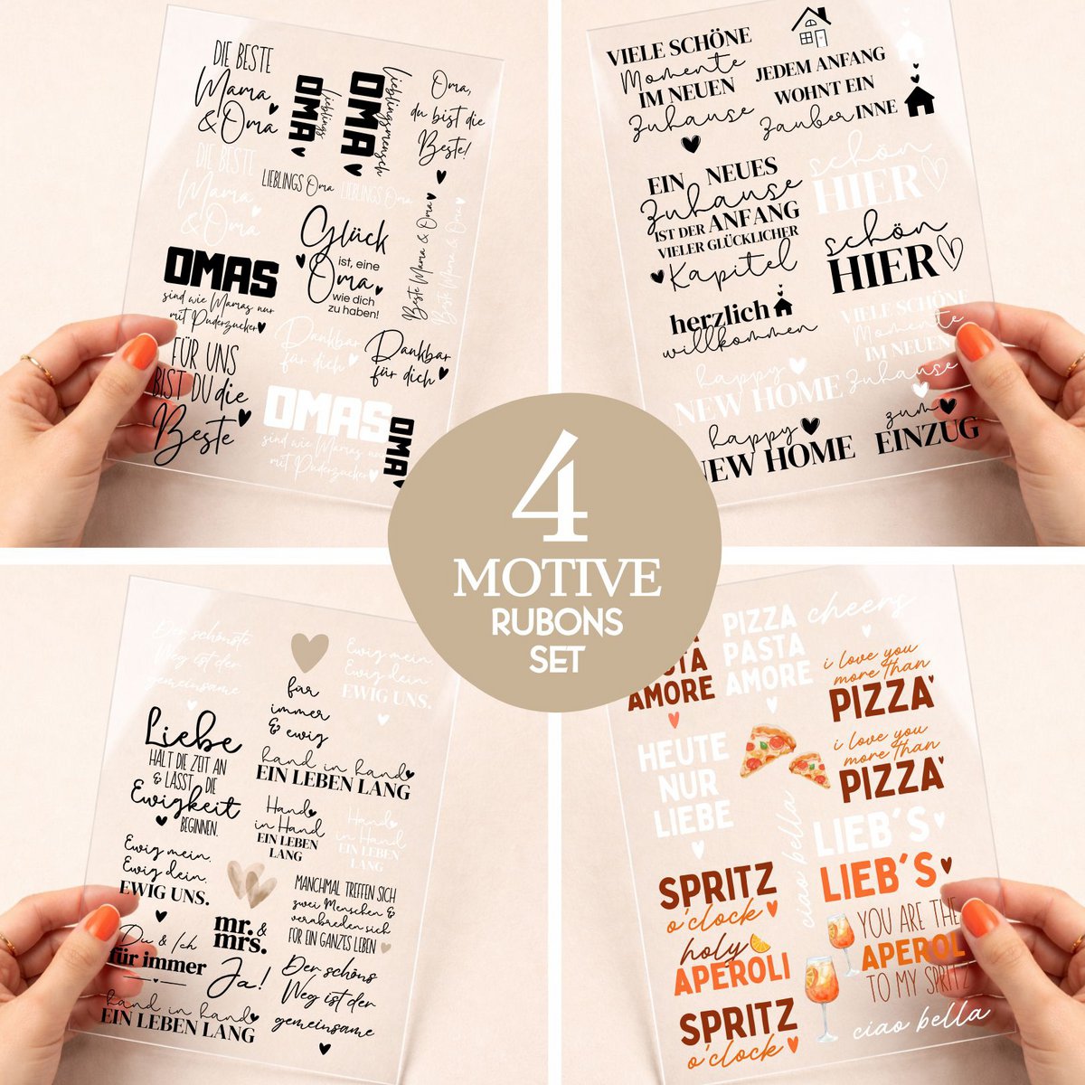 4 Rub On Stickerbögen, viele Motive für Muttertag, Einzug, Hochzeit, UV-DTF Aufkleber im A5 Format