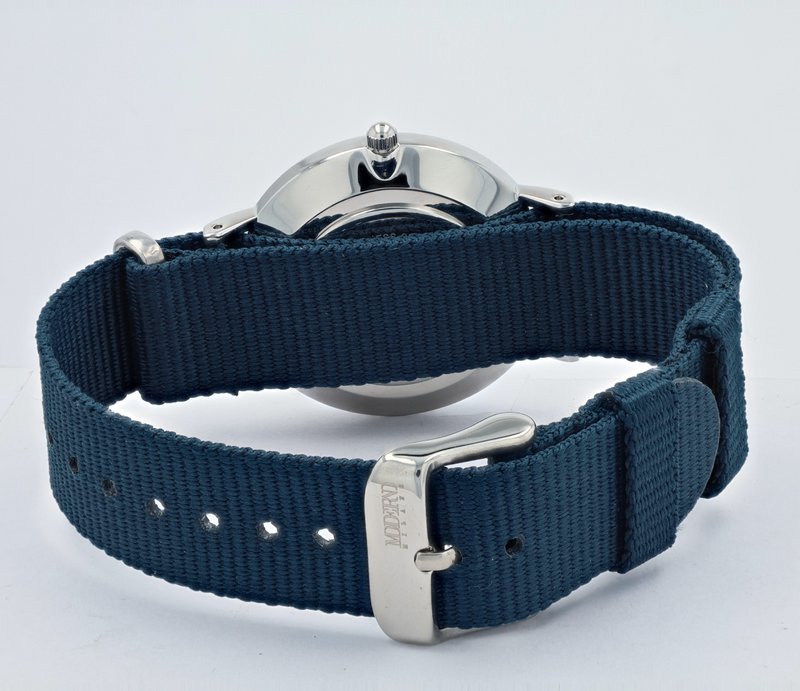 Moderno Milano stainless steel women's watch 36.5 mm, sapphire crystal & nylon NATO strap (blue), silver-colored