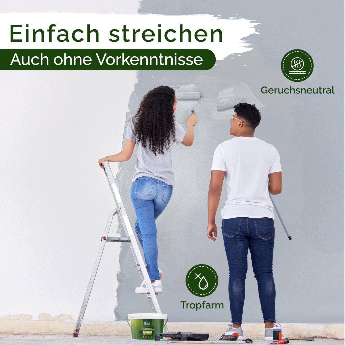 Veluxis® Wandfarbe Grau für den Innenraum - 2,5 Liter & Deckkraft-Klasse 1, Streifenfrei, tropfarm & Öko Farbe, VOC-frei - (Sesame Ice Cream)