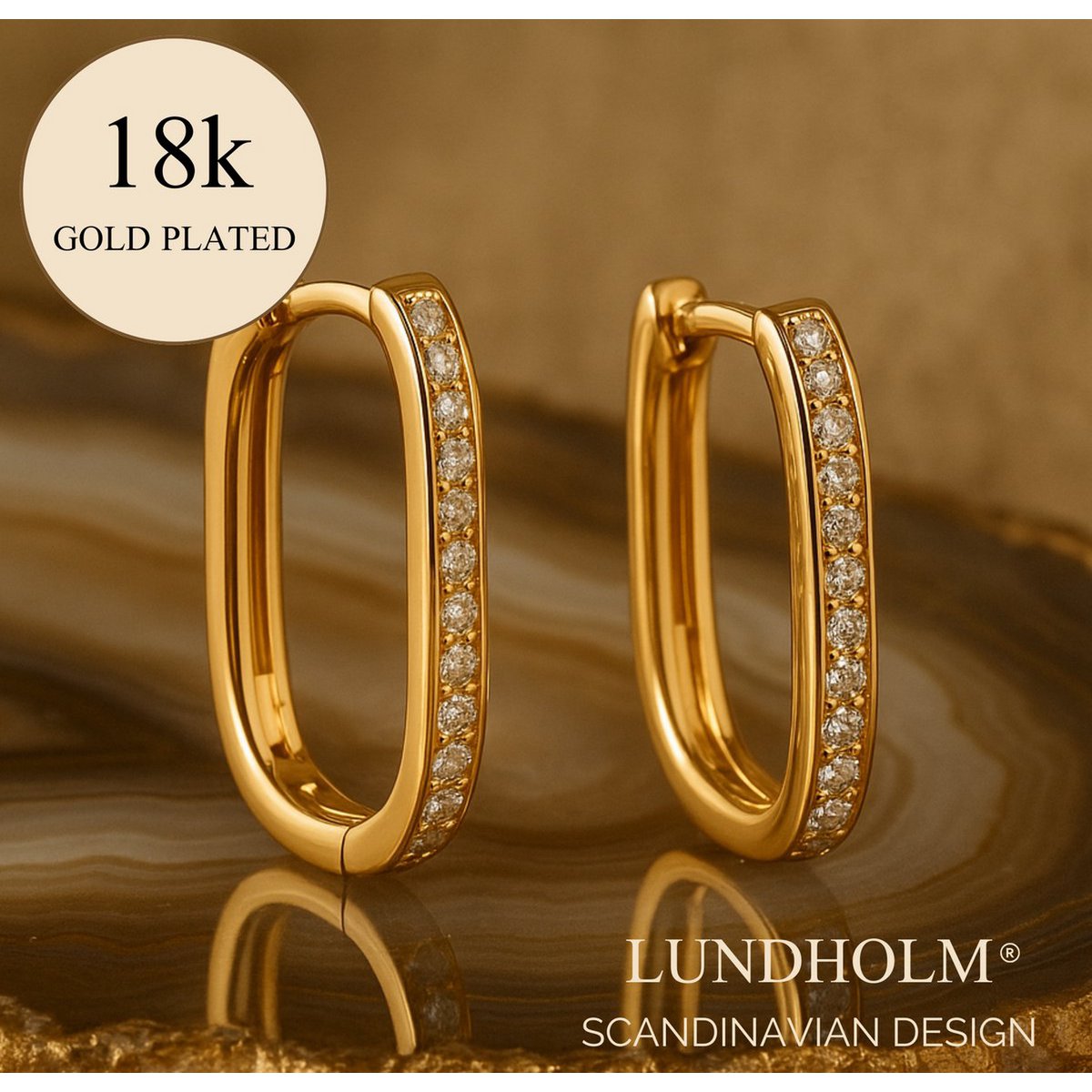 Pendientes rectangulares de mujer de oro con aros de circonita — Pendientes resistentes al agua de acero inoxidable 2 cm — Caja de regalo Lundholm Mila