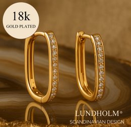 Rektangulære øreringe dame guld med zirkonia bøjler — øreringe vandtæt rustfrit stål 2 cm — Lundholm Mila gaveæske