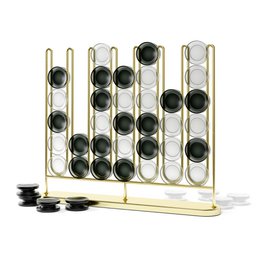 "Gold brass frame four in a row strategy game with black and clear discs"