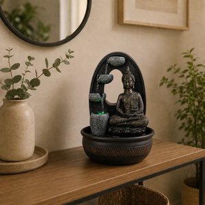 Zimmerbrunnen – Harmonie – entspannende Atmosphäre – Buddha-Statuette mit buntem LED-Licht – dekorative Idee