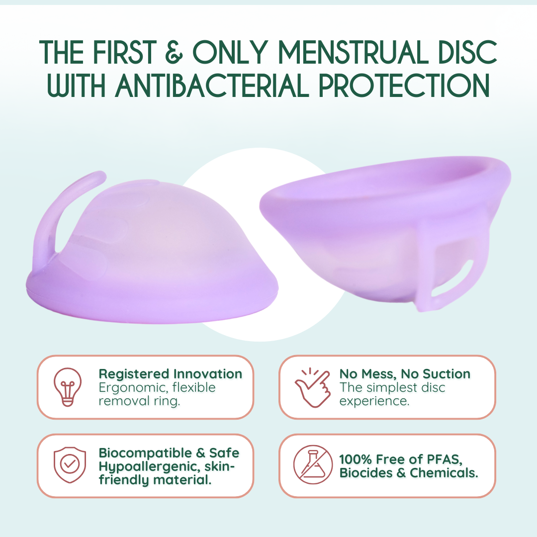 Disco menstrual seguro universal Femi.Eko®: comodidad reutilizable con tecnología antibacteriana SaniConcentrate™, capacidad de 50 ml