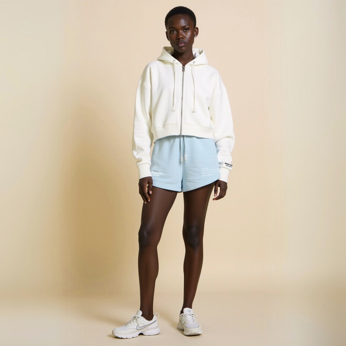 Crop hoodie with zipper "GGBH" - white
