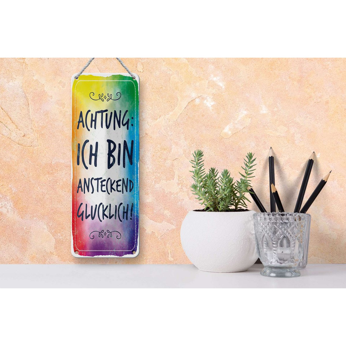 Targa in metallo con scritta 27x10 cm Attenzione, sono contagiosamente felice, targa decorativa