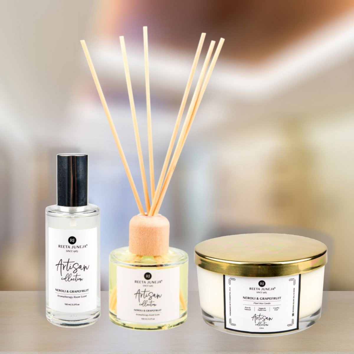 Bougie pour la maison de luxe au néroli et au pamplemousse, roseaux d'aromathérapie et vaporisateur d'ambiance