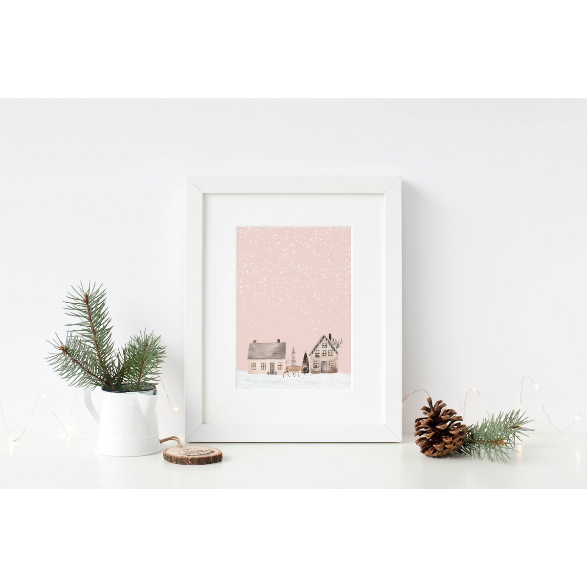 Scandinavian houses poster, winter landscape poster, Christmas poster, pink Christmas poster, Santa poster, Christmas print, Pink Christmas