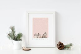 Scandinavian houses poster, winter landscape poster, Christmas poster, pink Christmas poster, Santa poster, Christmas print, Pink Christmas