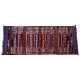 Vintage Baluch Soumak runner rug in aubergine colors with intricate geometric patterns and stripes.