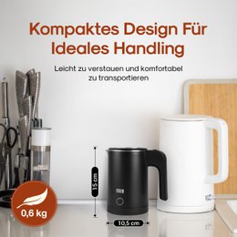 LIVSTID Rejsekedel Rustfrit Stål Lille 0,5 Liter & BPA Fri - Rejsekedel 600W Energibesparende Energieffektivitet - Mini Campingkedel Sort 0,5 0,5 l