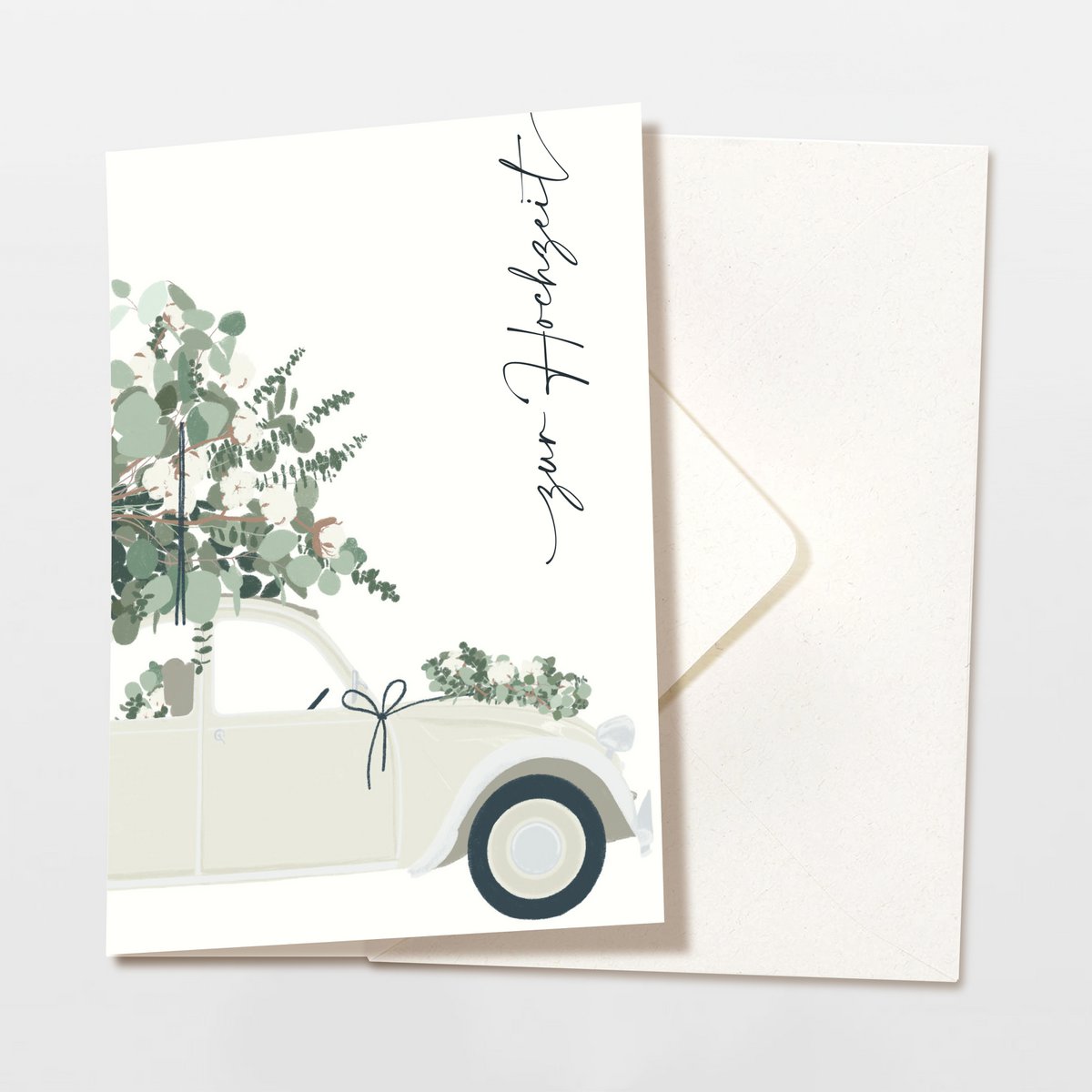 Klappkarte 'zur Hochzeit' mit crémefarbenem Auto und Eukalyptus, inkl. Umschlag
