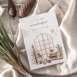 Cozy Christmas window illustration, festive holiday greeting card, warm minimalist design with plants and snowflakes.