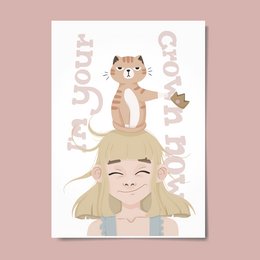 A whimsical kids room poster featuring a smiling girl with a crown-wearing cat on her head. The poster has a playful, pastel-colored design that would be suitable for decorating a child's bedroom or nursery.