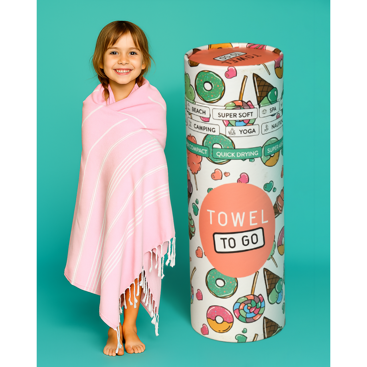 TOWEL TO GO IPANEMA KIDS Katoenen strandlaken 180x100 cm | Zandvrij | Roze | met geschenkdoos