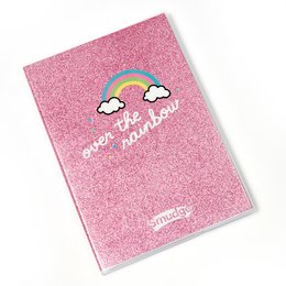 A premium A4 notebook with a pink glitter cover featuring a rainbow and the text "Over the rainbow" printed on it. The notebook is suitable for general use, such as note-taking, journaling, or creative writing.