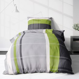 Striped bedding set in shades of green and gray, featuring a modern, minimalist design. Includes a duvet cover and pillowcases in a 135x200cm size.