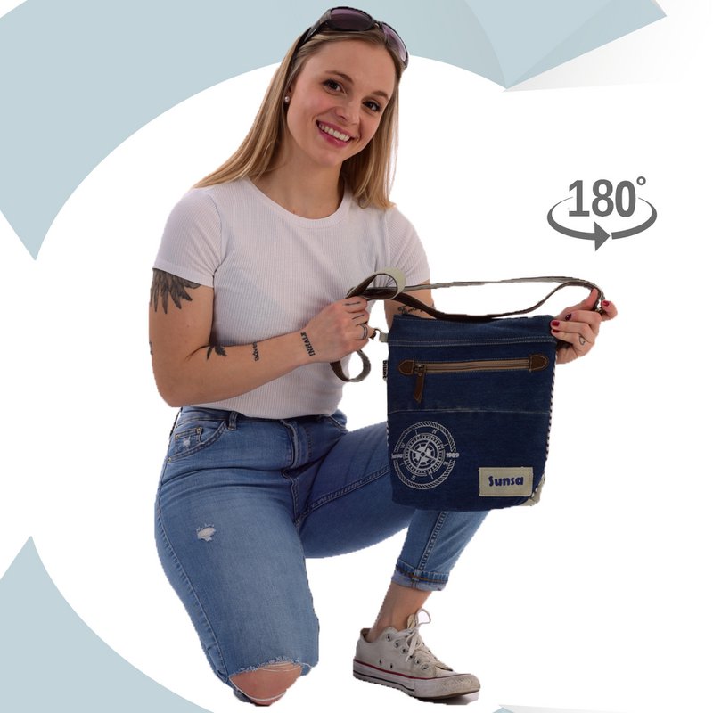 Sunsa Bæredygtig Skuldertaske til kvinder. Skuldertaske lavet af genbrugte jeans & canvas (canvas). Håndtaske i vintage retro stil. Crossbody taske til kvinder med maritimt motiv