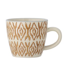 Maple cup, orange stoneware with a geometric pattern design. Suitable for hot and cold beverages.