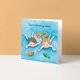 Colorful card with cartoon sea creatures celebrating swimming diploma achievement.