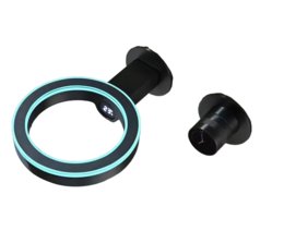 Thermostatic built-in bathroom faucet with LED display, black and teal color, round shape, made of metal.