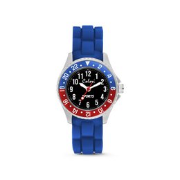 A blue and red sports watch for kids with a 30mm case size and 5ATM water resistance.