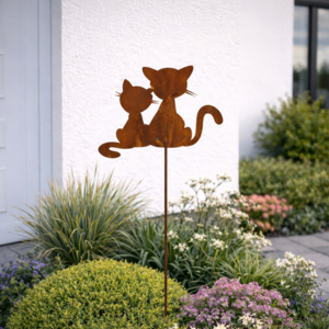 Romantic cat couple garden stake made of patina in a Corten steel look