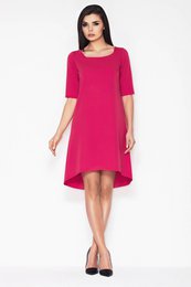 Asymmetrische trapezejurk met korte mouwen, fuchsia