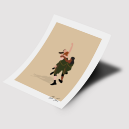 A poster featuring a stylized illustration of a person in a green outfit with a red hat, likely a character from a story or game.